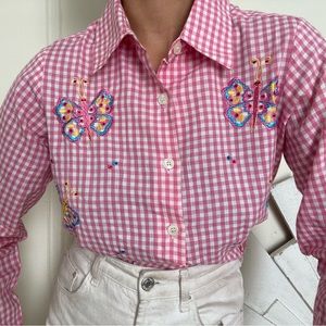 Vintage pink gingham plaid embroidery butterfly button up long sleeve shirt